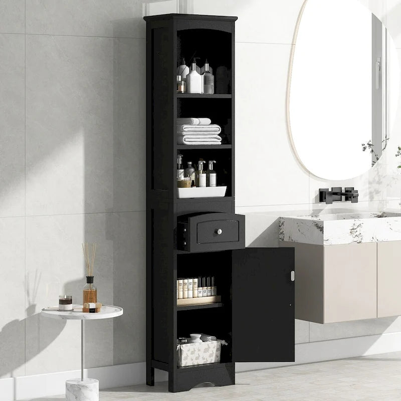 Tall Freestanding Bathroom Storage Cabinet with Open Shelves Drawer Black