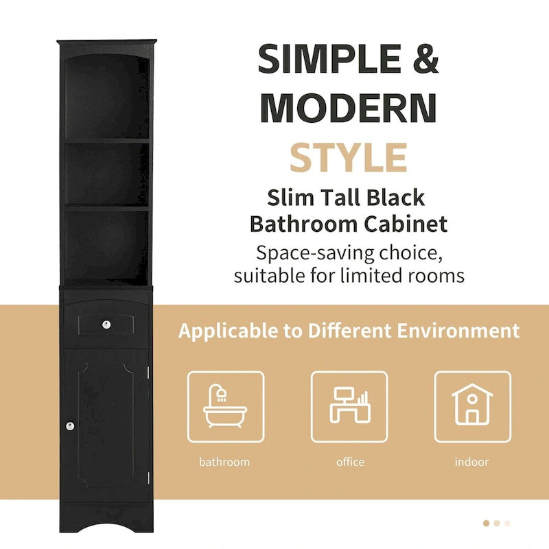 Tall Freestanding Bathroom Storage Cabinet with Open Shelves Drawer Black