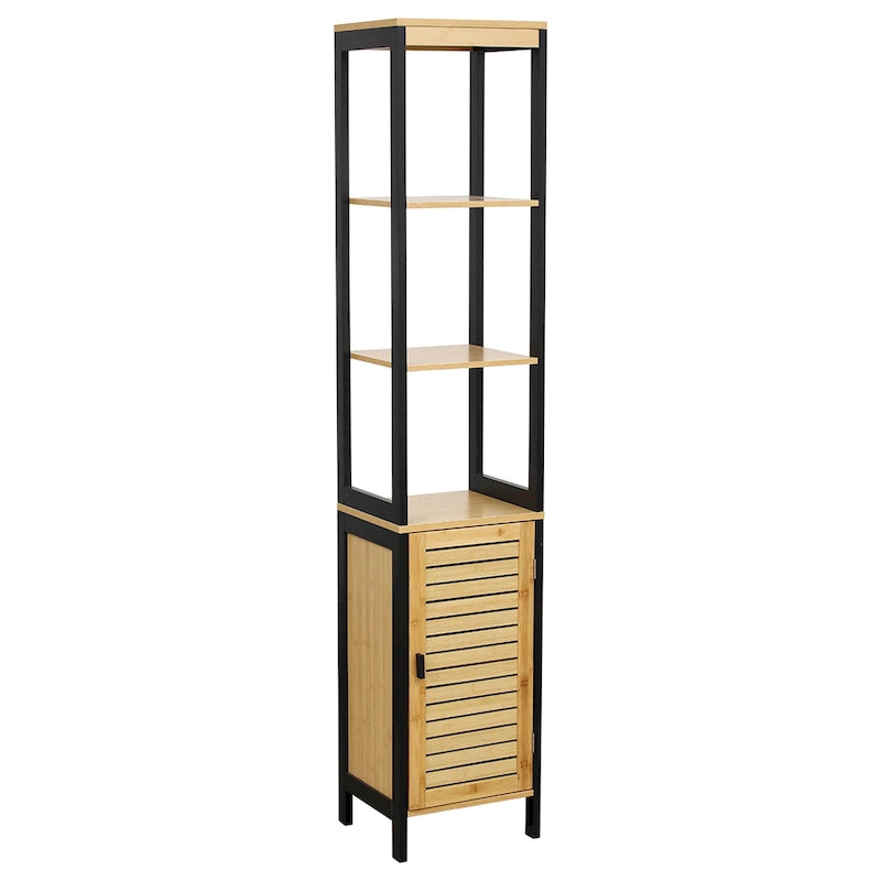 Natural Slim Storage Cabinet with Shelves, Modern Black Frame - 13.4L x 12W x 68H