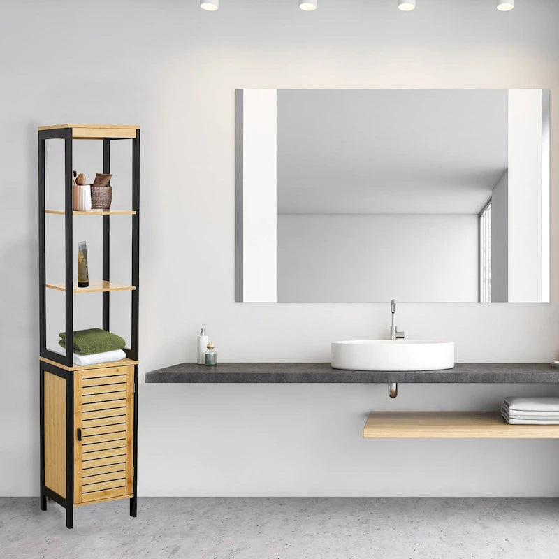Natural Slim Storage Cabinet with Shelves, Modern Black Frame - 13.4L x 12W x 68H