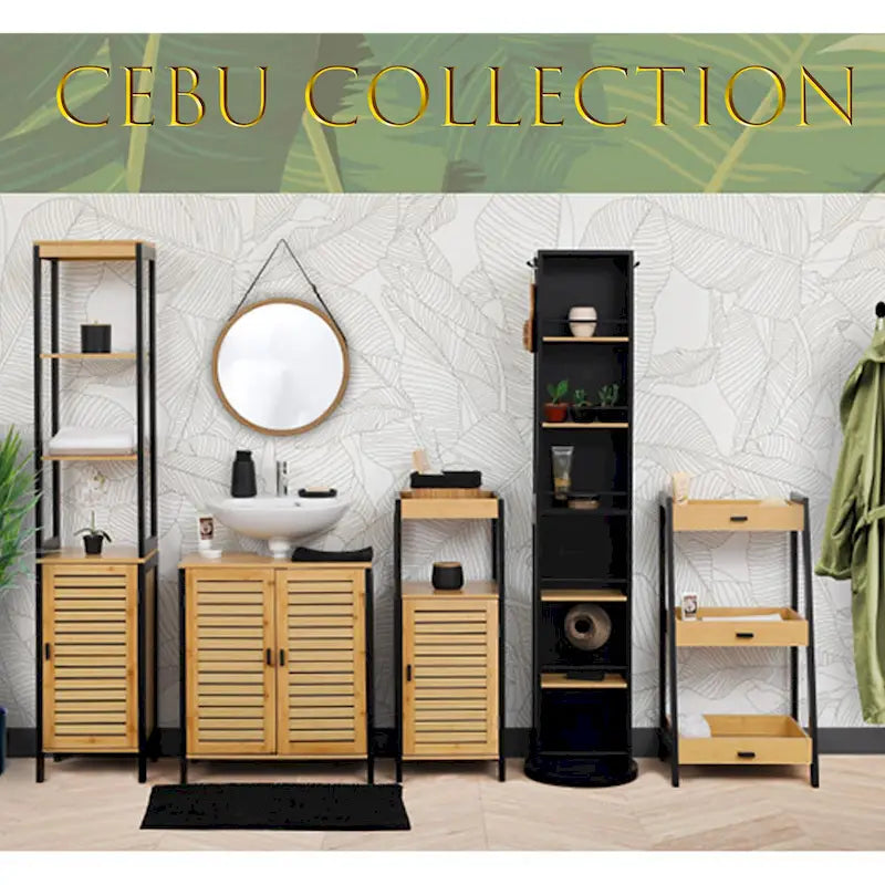 Natural Slim Storage Cabinet with Shelves, Modern Black Frame - 13.4L x 12W x 68H