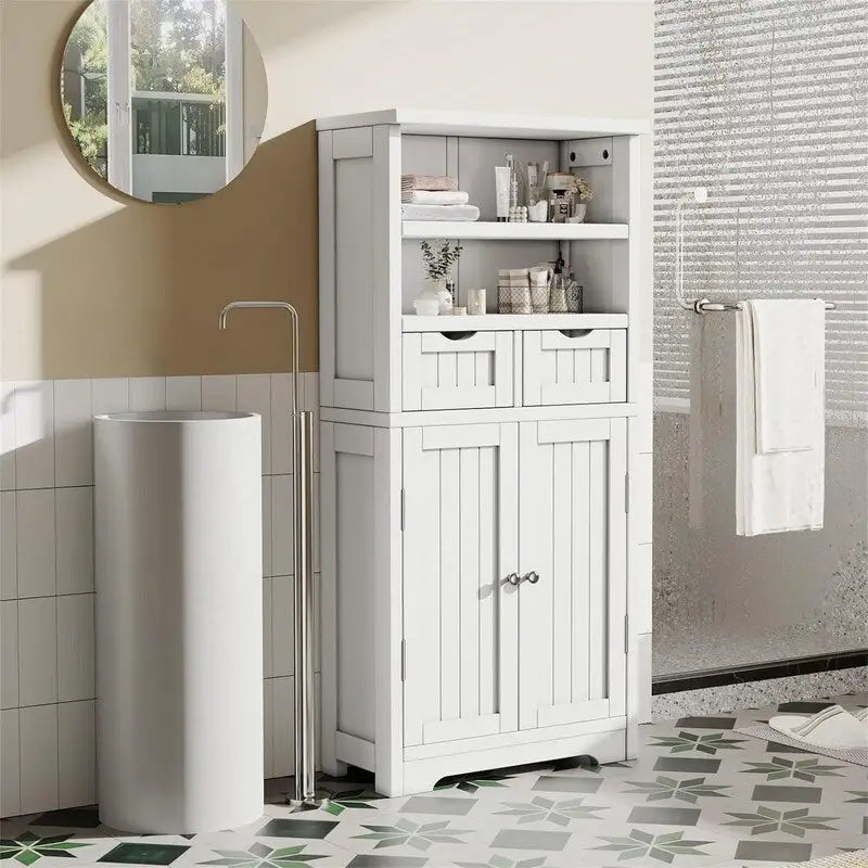 Tall Bathroom Floor Cabinet with Open Shelves, Drawer and Double Door, White, Wood Finish