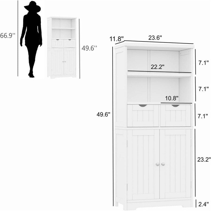 Tall Bathroom Floor Cabinet with Open Shelves, Drawer and Double Door, White, Wood Finish