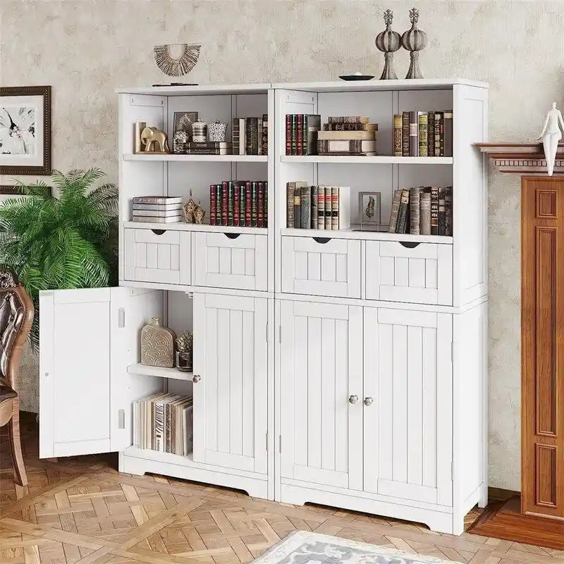 Tall Bathroom Floor Cabinet with Open Shelves, Drawer and Double Door, White, Wood Finish