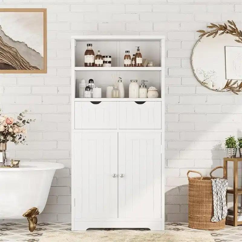 Tall Bathroom Floor Cabinet with Open Shelves, Drawer and Double Door, White, Wood Finish
