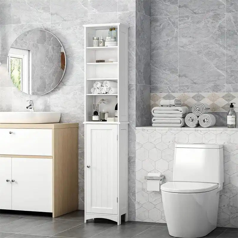 Tall White Bathroom Floor Cabinet with Open Shelves and Door