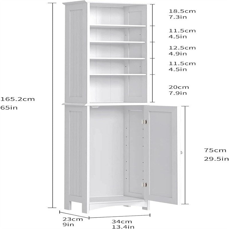 Tall White Bathroom Floor Cabinet with Open Shelves and Door