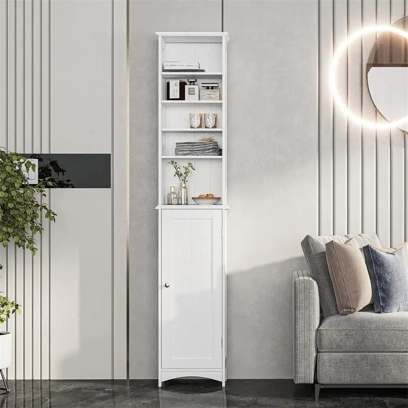 Tall White Bathroom Floor Cabinet with Open Shelves and Door