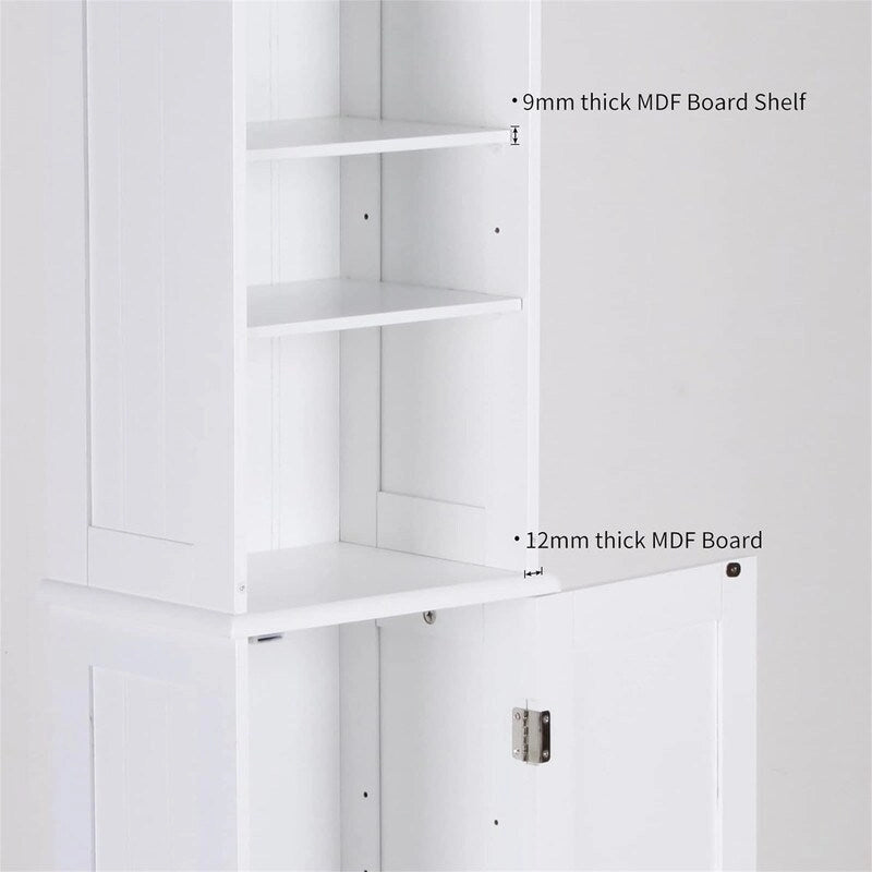 Tall White Bathroom Floor Cabinet with Open Shelves and Door