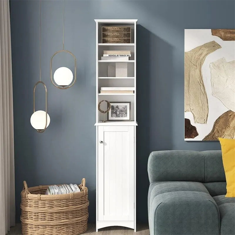 Tall White Bathroom Floor Cabinet with Open Shelves and Door