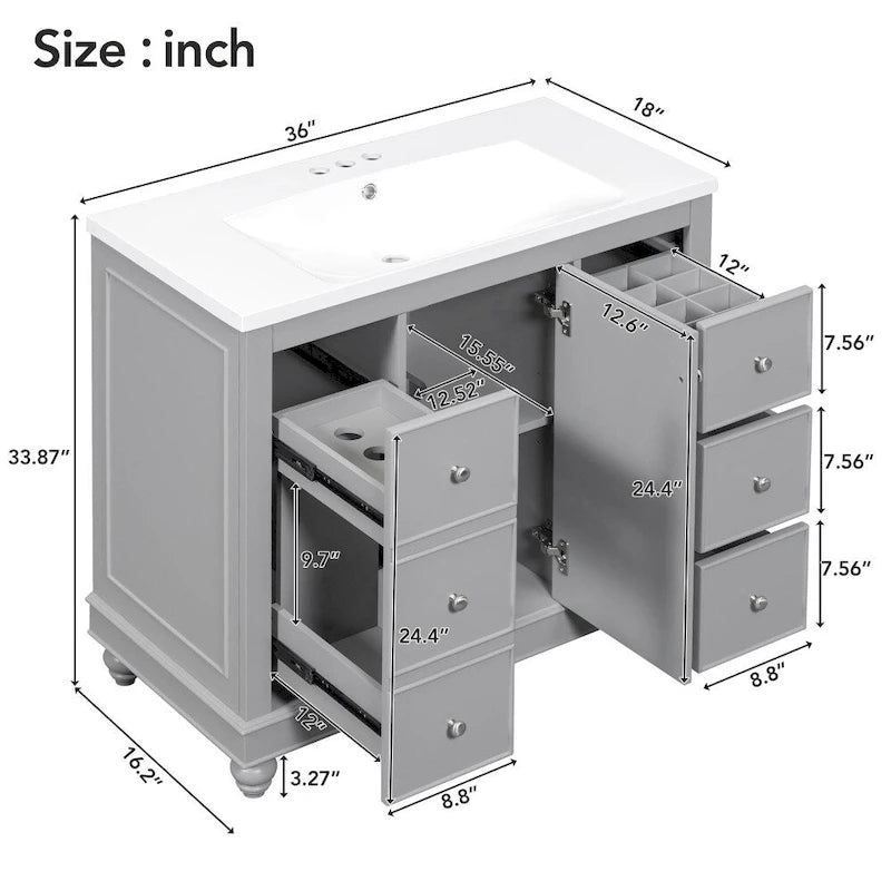 36 Inch Bathroom Vanity Cabinet with Resin Sink and Adjustable Shelves
