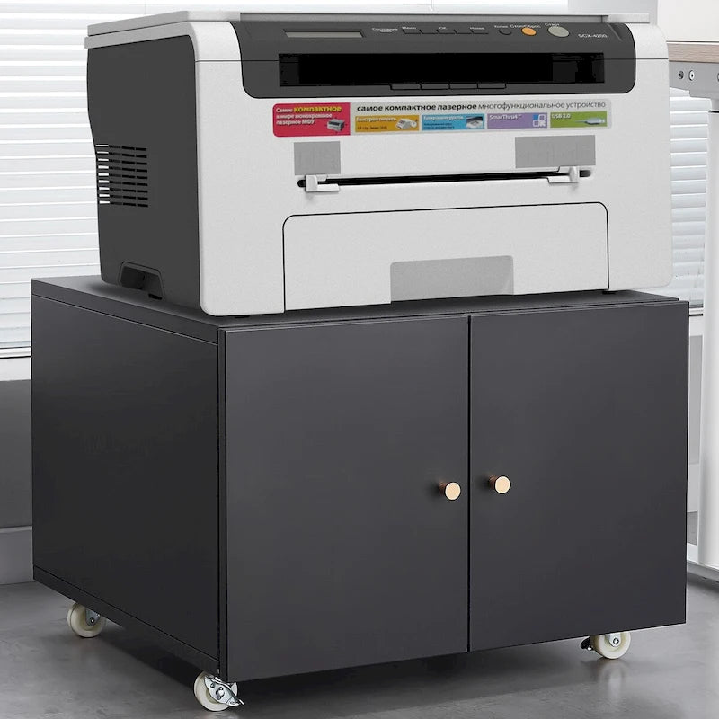 Black Steel Double-Door Mobile Printer Cabinet with Locking Wheels