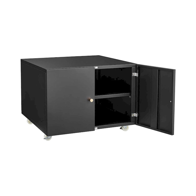 Black Steel Double-Door Mobile Printer Cabinet with Locking Wheels