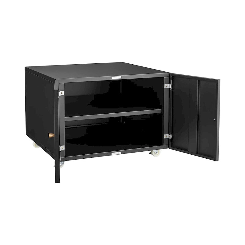 Black Steel Double-Door Mobile Printer Cabinet with Locking Wheels