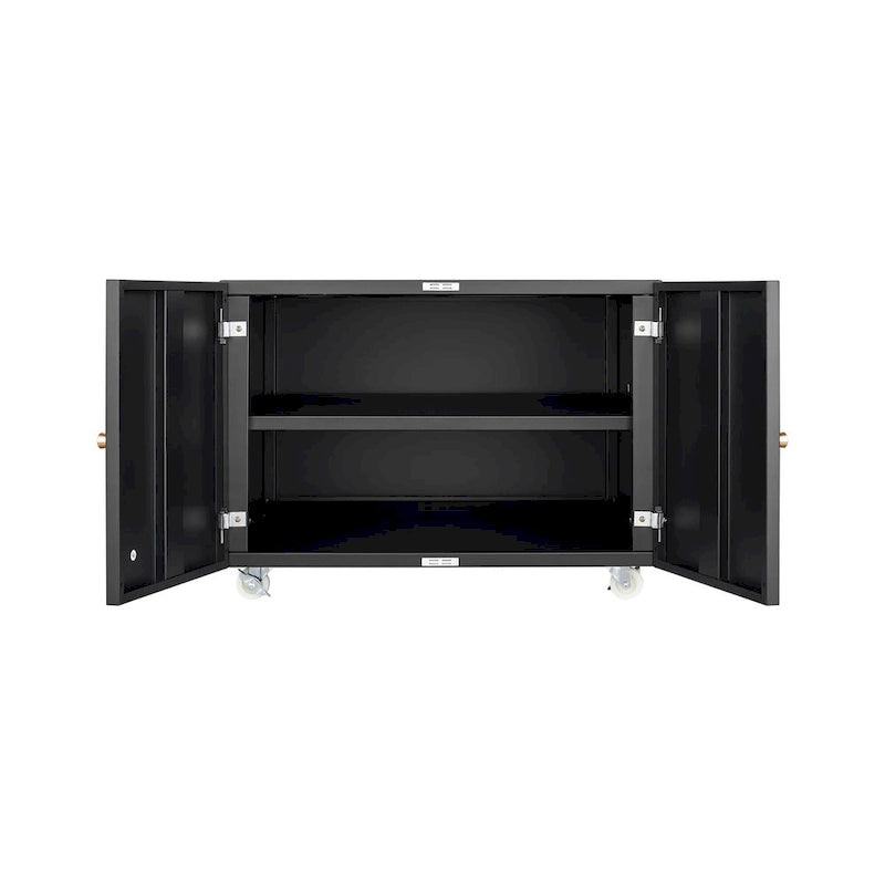 Black Steel Double-Door Mobile Printer Cabinet with Locking Wheels
