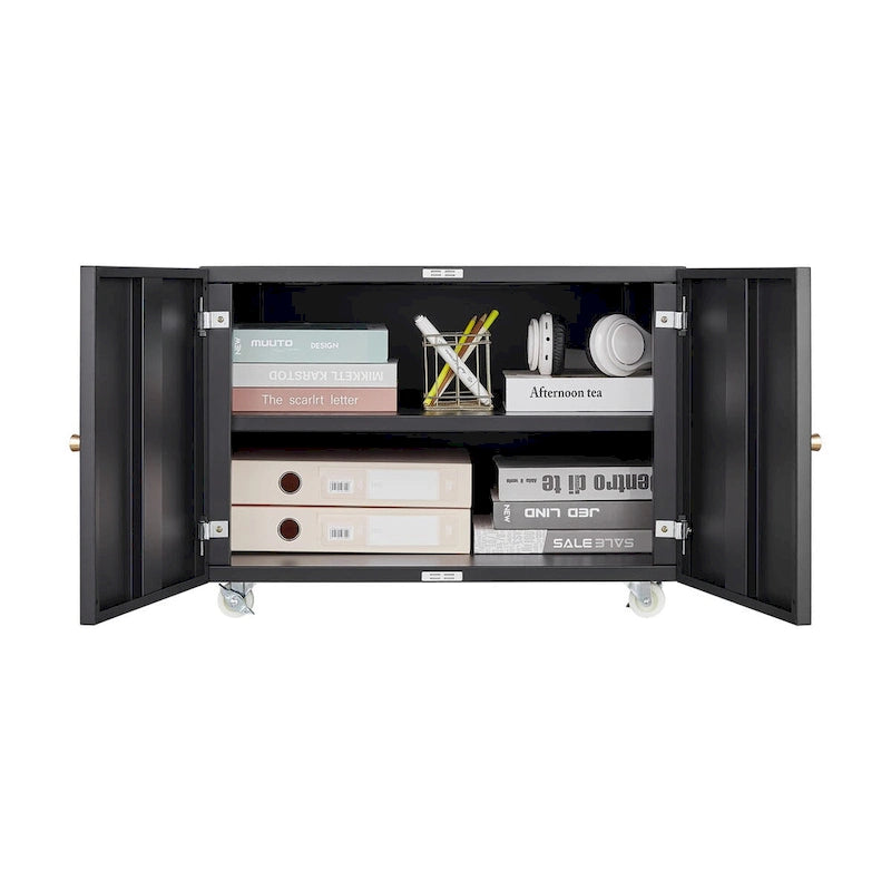 Black Steel Double-Door Mobile Printer Cabinet with Locking Wheels