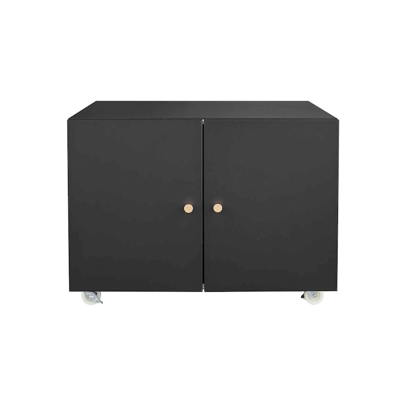 Black Steel Double-Door Mobile Printer Cabinet with Locking Wheels