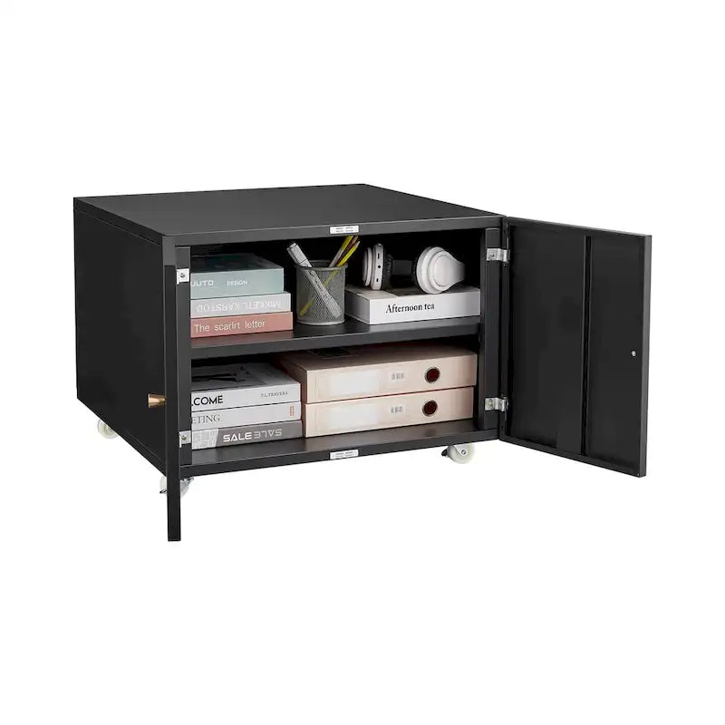 Black Steel Double-Door Mobile Printer Cabinet with Locking Wheels