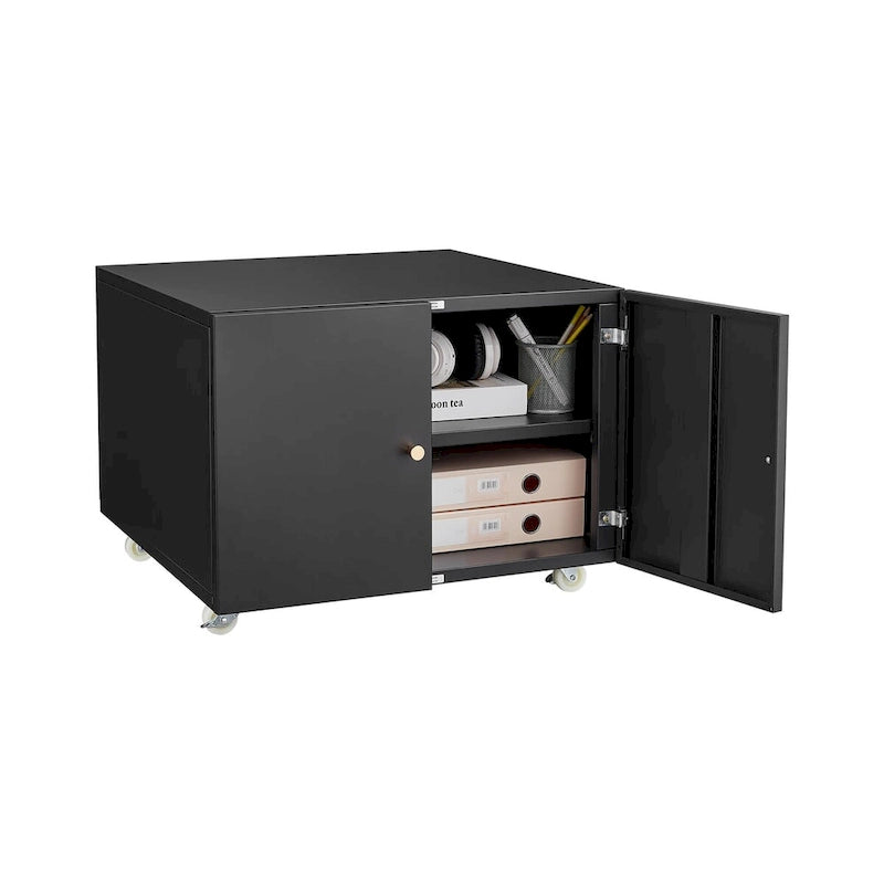 Black Steel Double-Door Mobile Printer Cabinet with Locking Wheels