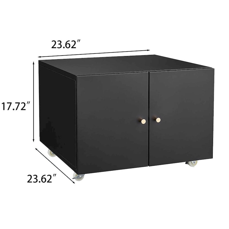 Black Steel Double-Door Mobile Printer Cabinet with Locking Wheels