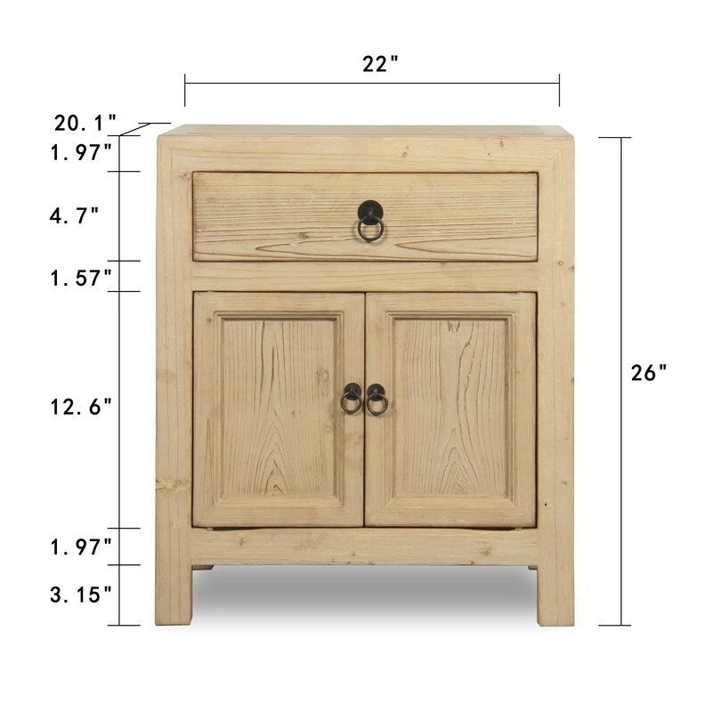 Rustic Wood Nightstand with One Drawer and Two-Door Cabinet, Beige
