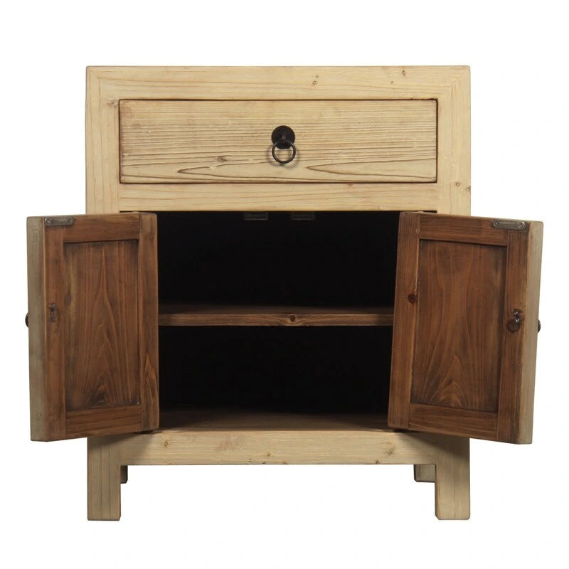 Rustic Wood Nightstand with One Drawer and Two-Door Cabinet, Beige